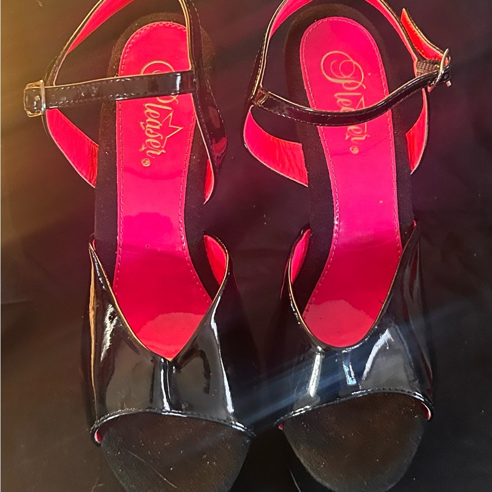 Pleaser Glossy Black Heels with Pink Interior